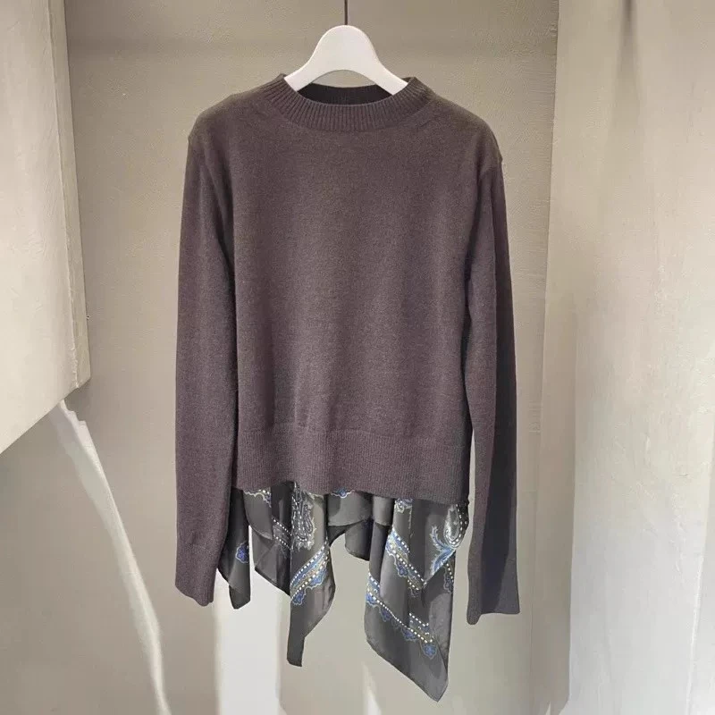 SAC splicing contrasting color loose casual long-sleeved crew neck sweater
