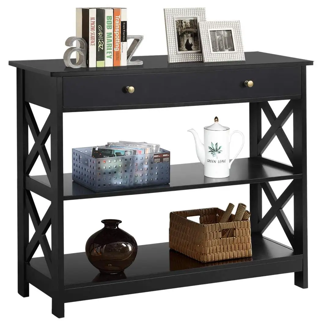 Narrow Entryway Console Table with Drawer, Storage Shelf, Black | X-Frame Painted MDF Build, Drawer and 2 Open, Customized