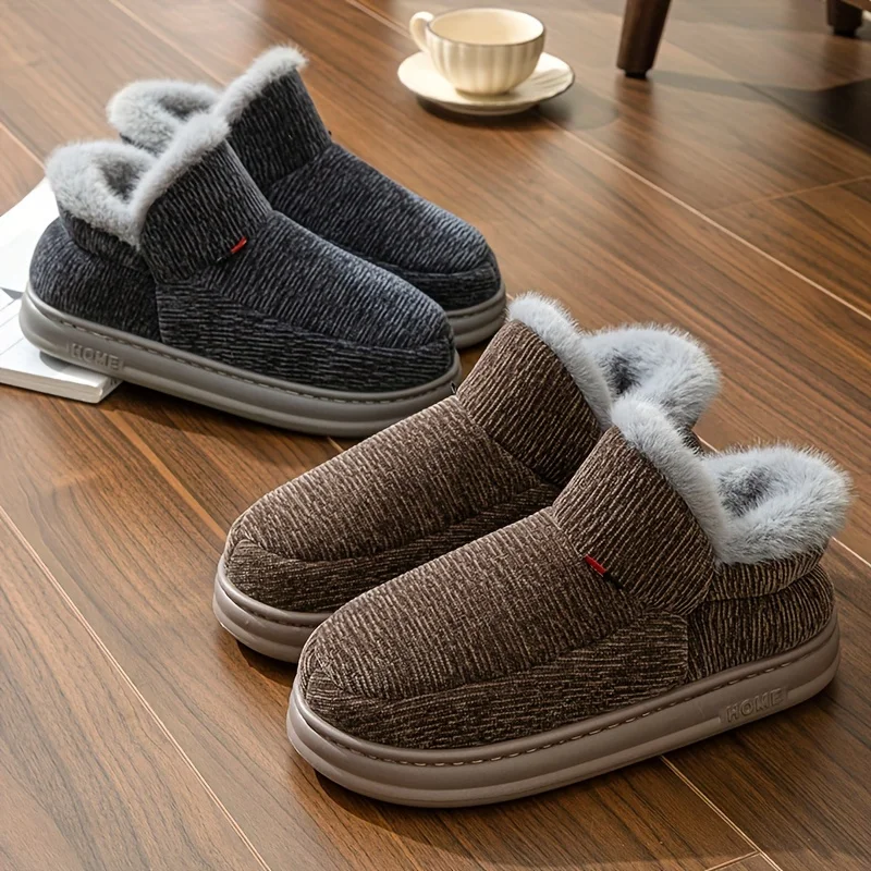 Chaussures plateforme pour hommes, grandes tailles, semelle épaisse antidérapante en EVA, pantoufles doublées de fourrure chaude pour l'hiver, pour une utilisation à la maison, confort intérieur