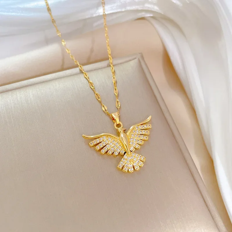 Charm Gold Color Stainless Steel Zircon Phoenix Wings Pendant Necklace for Women Fashion Shiny Choker Jewelry Accessories Gift