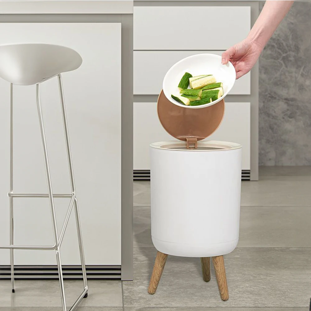 High Foot Wood Grain Trash Can Kitchen Bathroom Living Room Home Desktop Storage Bucket Office Hotel Trash Can Waste Bins