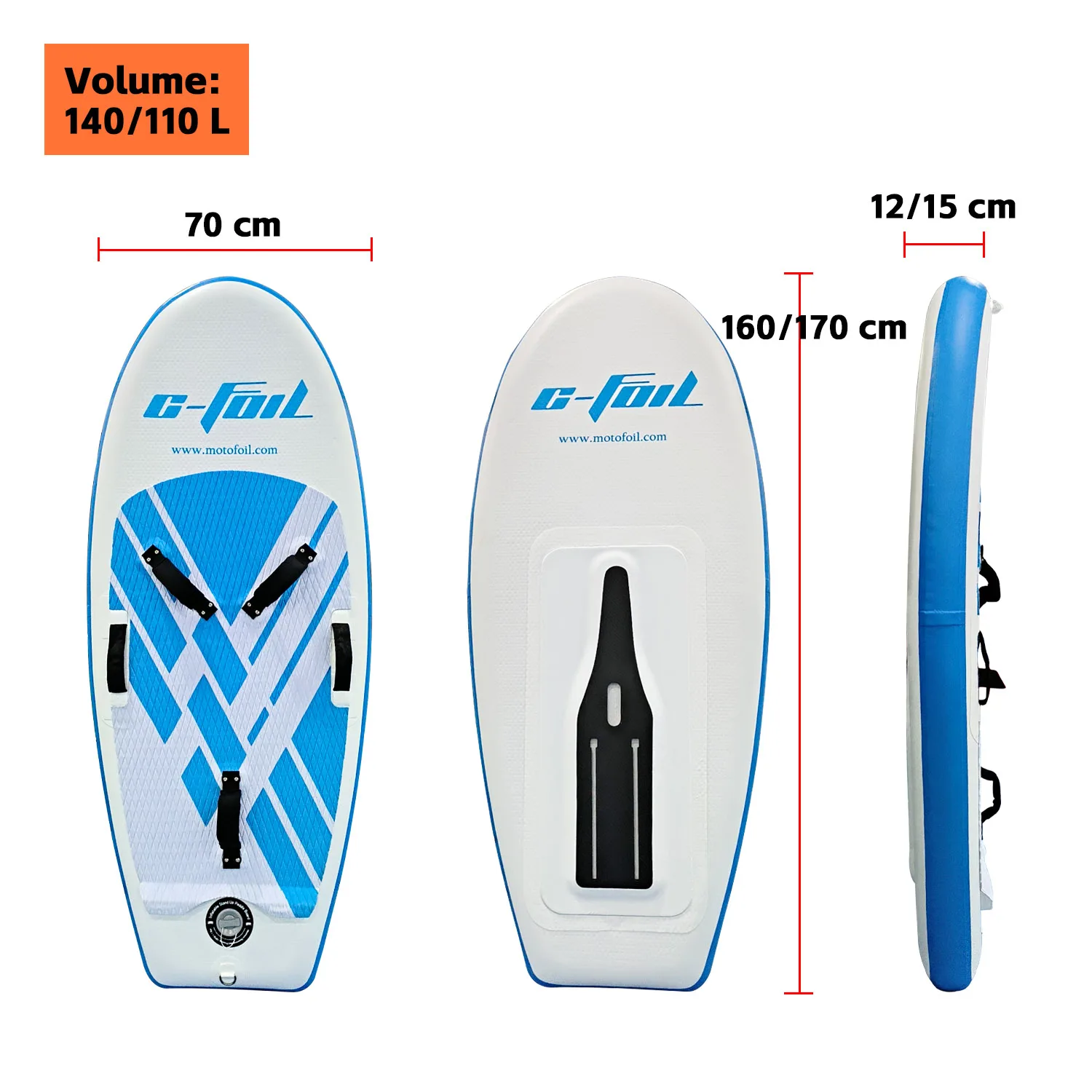 Blue and white reinforced PVC brushed inflatable surfboard 110L 140L carbon hydrofoil board suitable for water kitesurfing