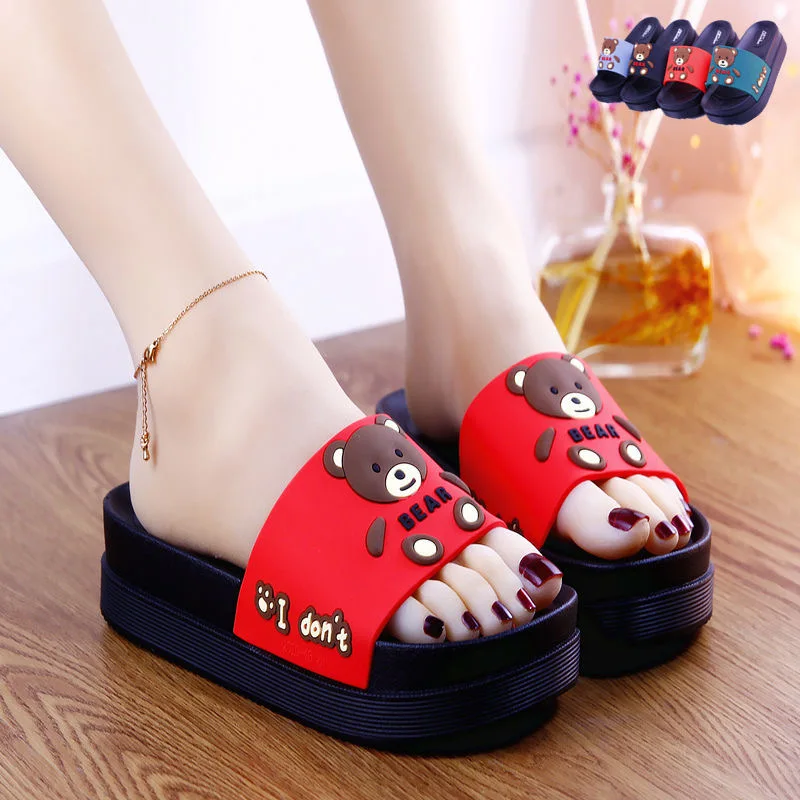 New Summer High-heeled Thick Soled Slippers Women\'s Cute Cartoon Bear Heightening Sandals Shoes Woman Heels Summer Slipper Slide