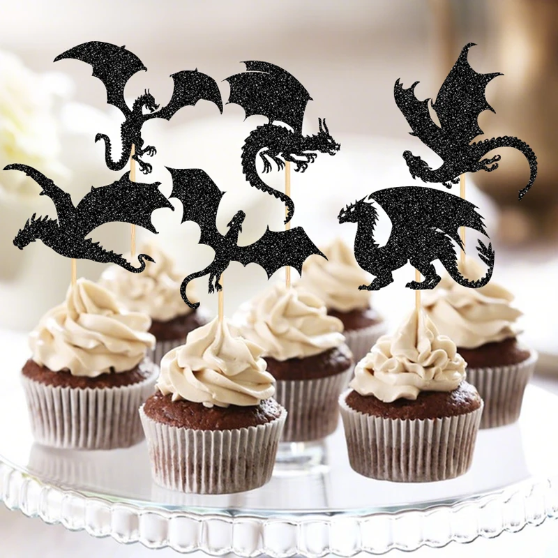 YOMDID 24 Stück Kuchendeckel mit fliegendem Drachen-Thema, glitzernde Drachen-Dinosaurier-Cupcake-Topper, Picks für Geburtstagsfeiern, Kuchendekorationen