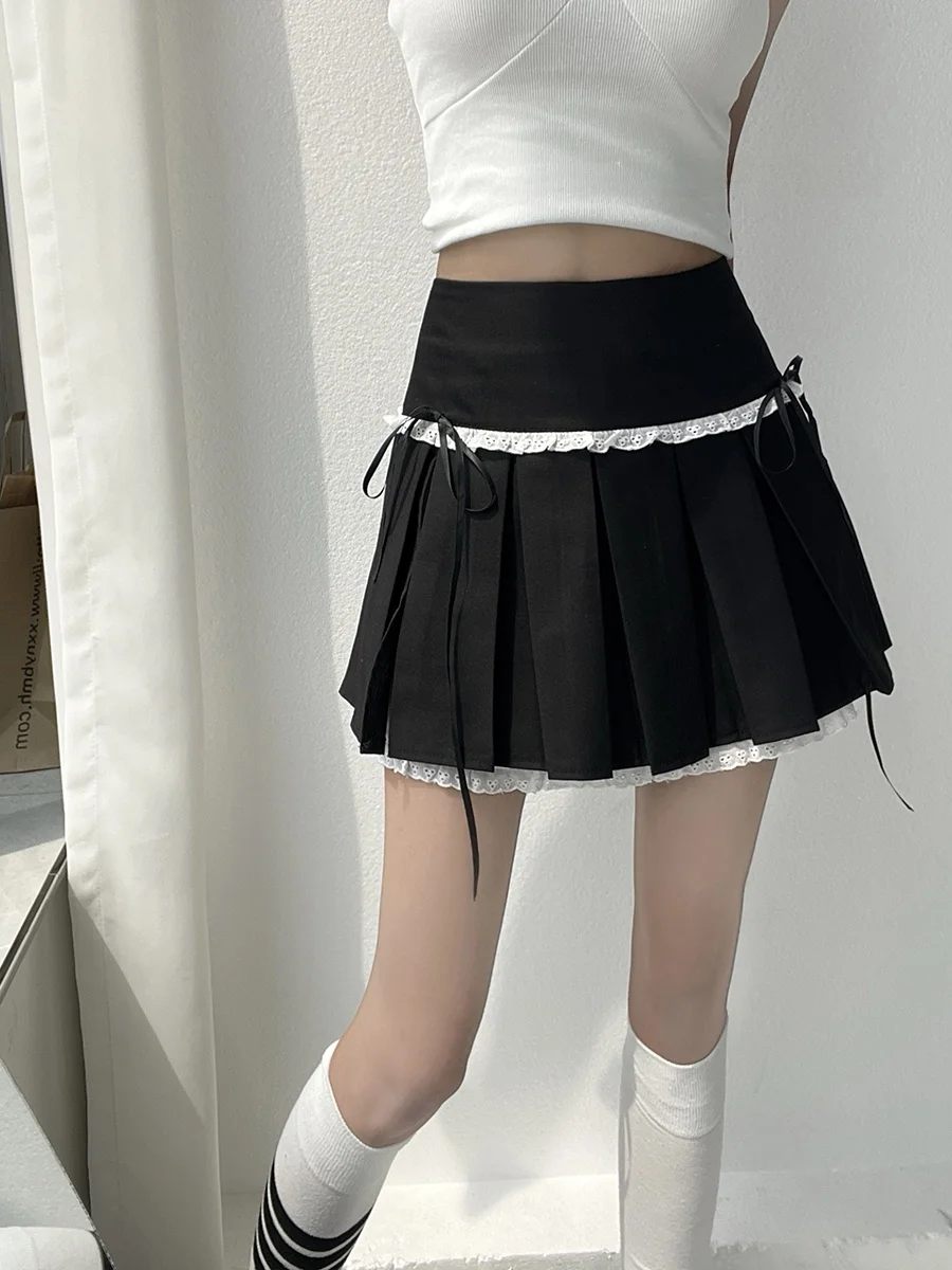Cotton Village Sweet Cool Academy Style  Knot Pleated Short Skirt Women Sexy Little Girls Heightening A-Line  Skirt