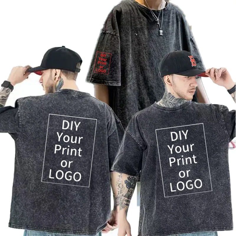 Personalized custom casual T-shirt - DIY your own design (such as photos or logos) - Washed vintage fashion men's shirt