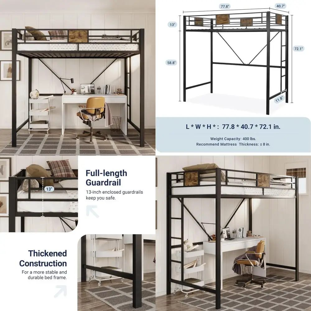 سرير علوي معدني مزدوج الحجم مع سلالم ودرابزين - أثاث موفر للمساحة لغرف النوم وغرف الأطفال والمسكن #1