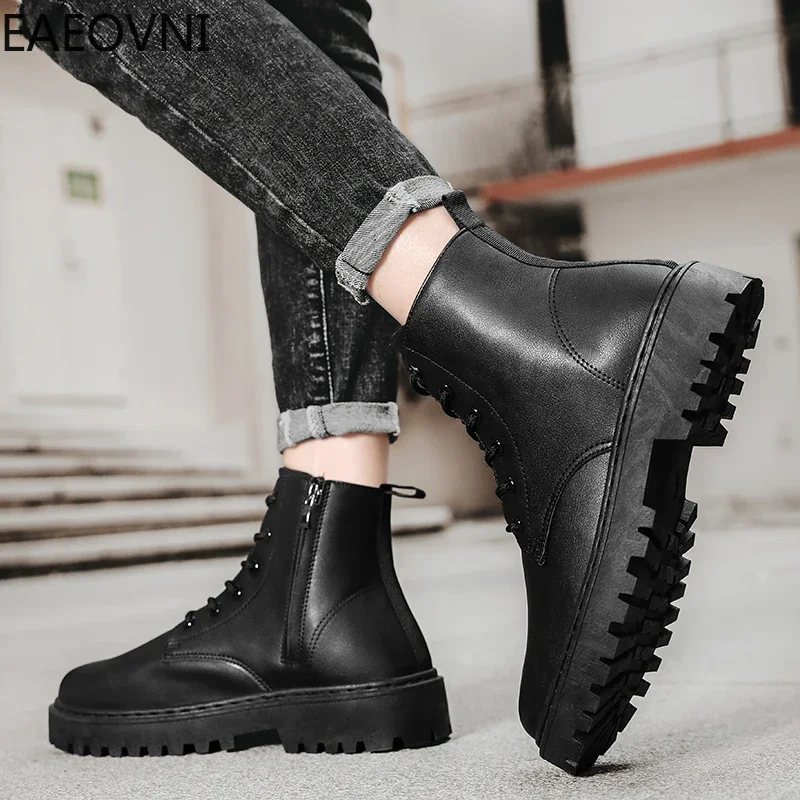 Leather Boots Safety Boot Man Low Tops Easy To Clean Trendy All-match Height-increasing Booties for Men British Style New Style