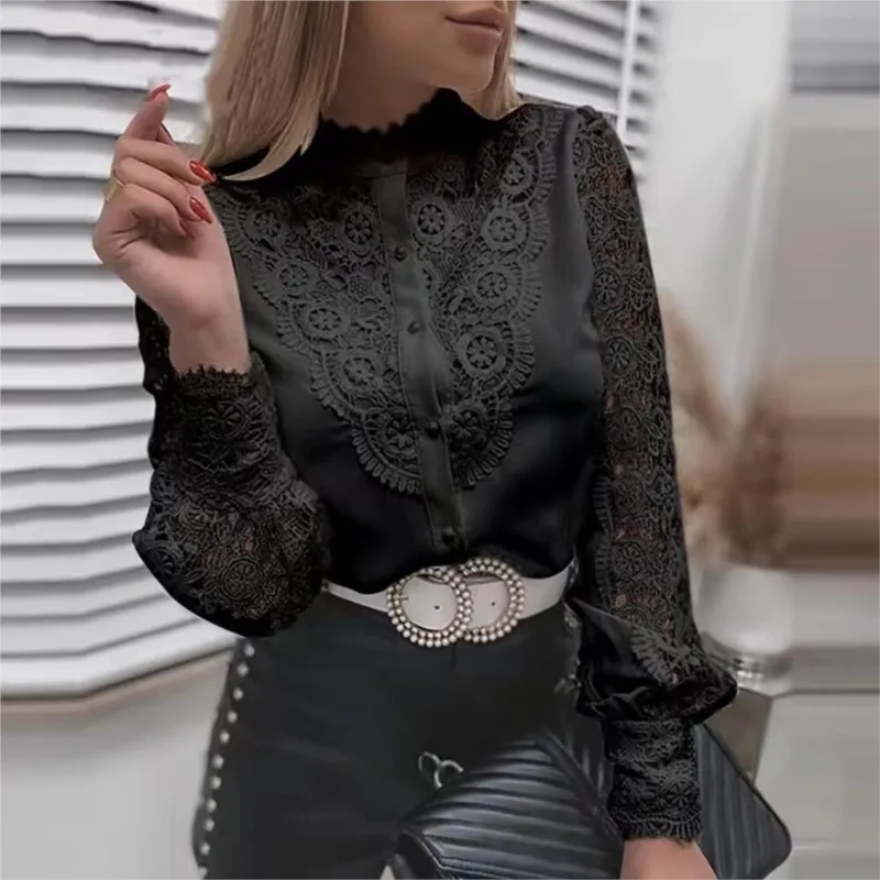 2024 Summer Fashion New Women\'s White Lace Long Sleeve Hollow Out Shirt Elegant Solid Color Spliced Single Breasted Blouse Blusa