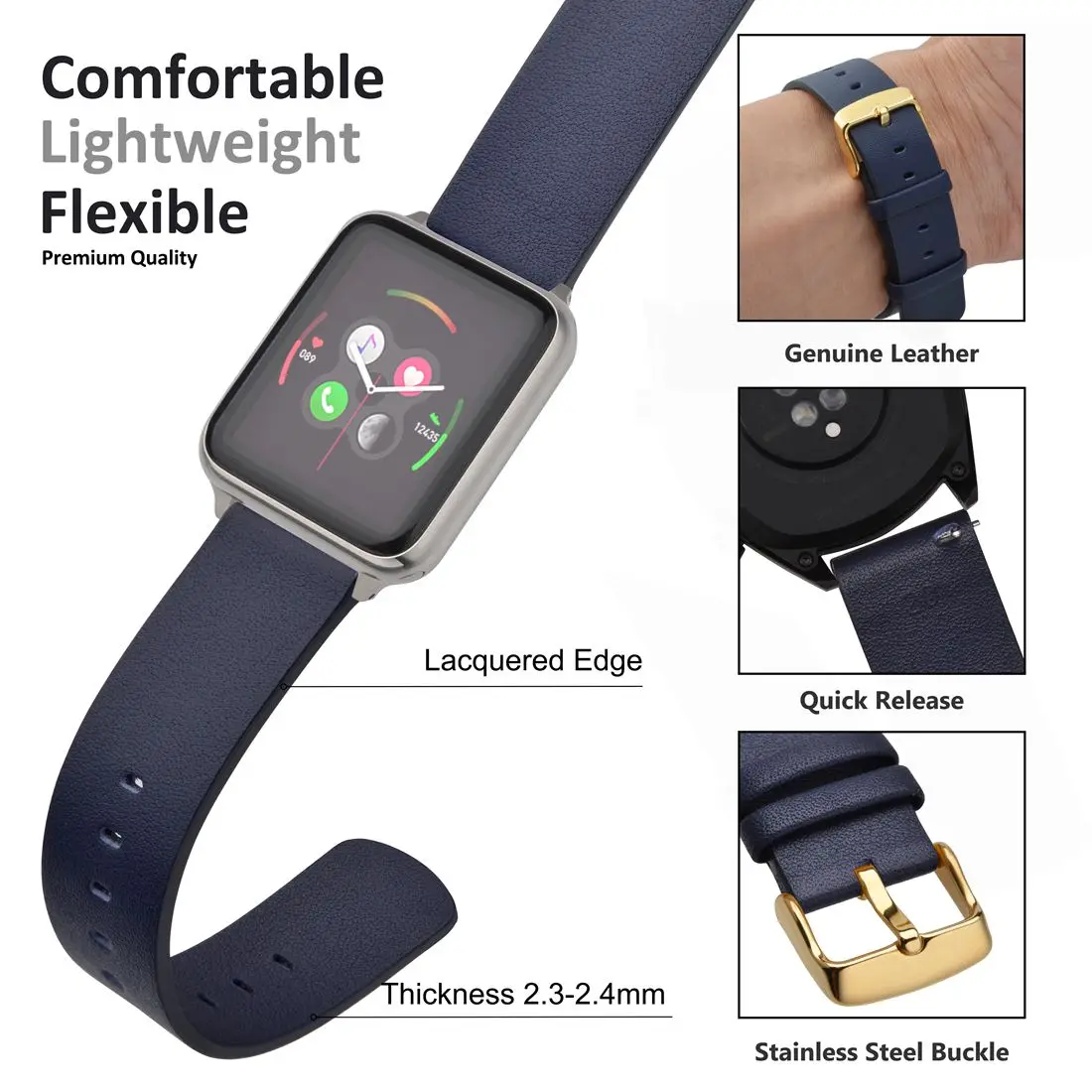 時計用の革とステンレス鋼のブレスレット,金のバックル,黒,青,茶色,18mm,20mm,22mm,Samsung Galaxy,Huawei用