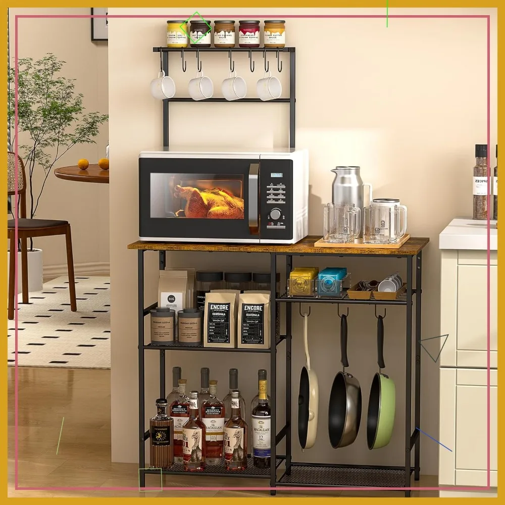 

6-Tier Kitchen Storage Rack with Adjustable Shelves, Microwave Stand, and Hooks for Coffee Bar and Spices in Rustic Brown