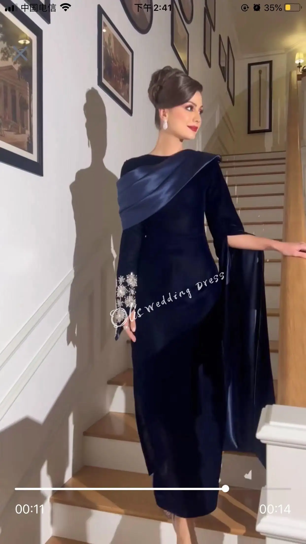 customized Custom Made Dubai Dark Blue Evening Dress with Crystal Flower Long Sleeve for Women Wedding Formal Gown