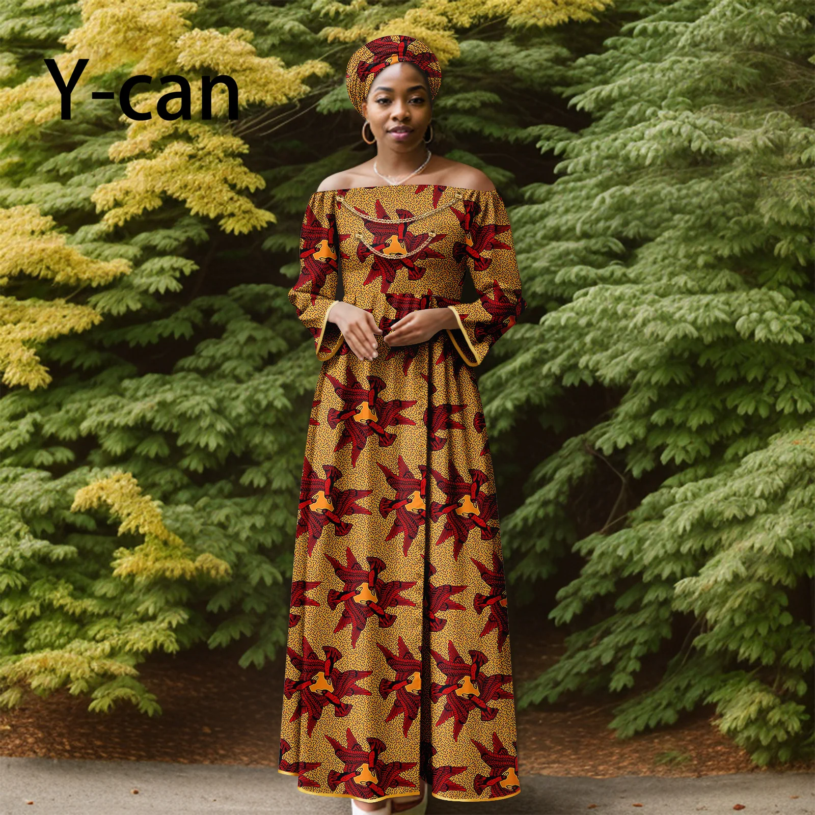 

African Dresses for Women Off Shoulder Ankara Print Nigerian Clothes with Headwrap Bazin Riche Elegant Lady Wedding Y2325109