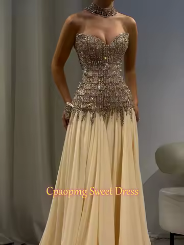 Luxury Diamond Evening Dresses Shiny Crystals Beaded Strapless Sleeveless Bow Prom Dress Saudi Customized فساتين