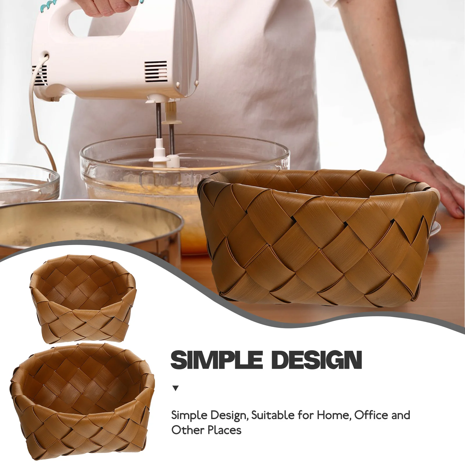 

2pcs Woven Storage Basket Large Space Craftsmanship Multi-Function Kitchen Organizer Bread Fruit Container Light Brown