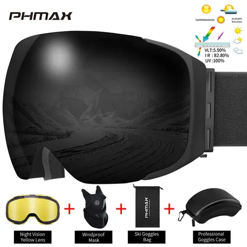 PHMAX Pro Ski Goggles UV400 Anti-fog Eyewear Magnetic Lens Night Vision Yellow Lens Outdoor Sports Snowboard Big Snow Goggles - Image 12
