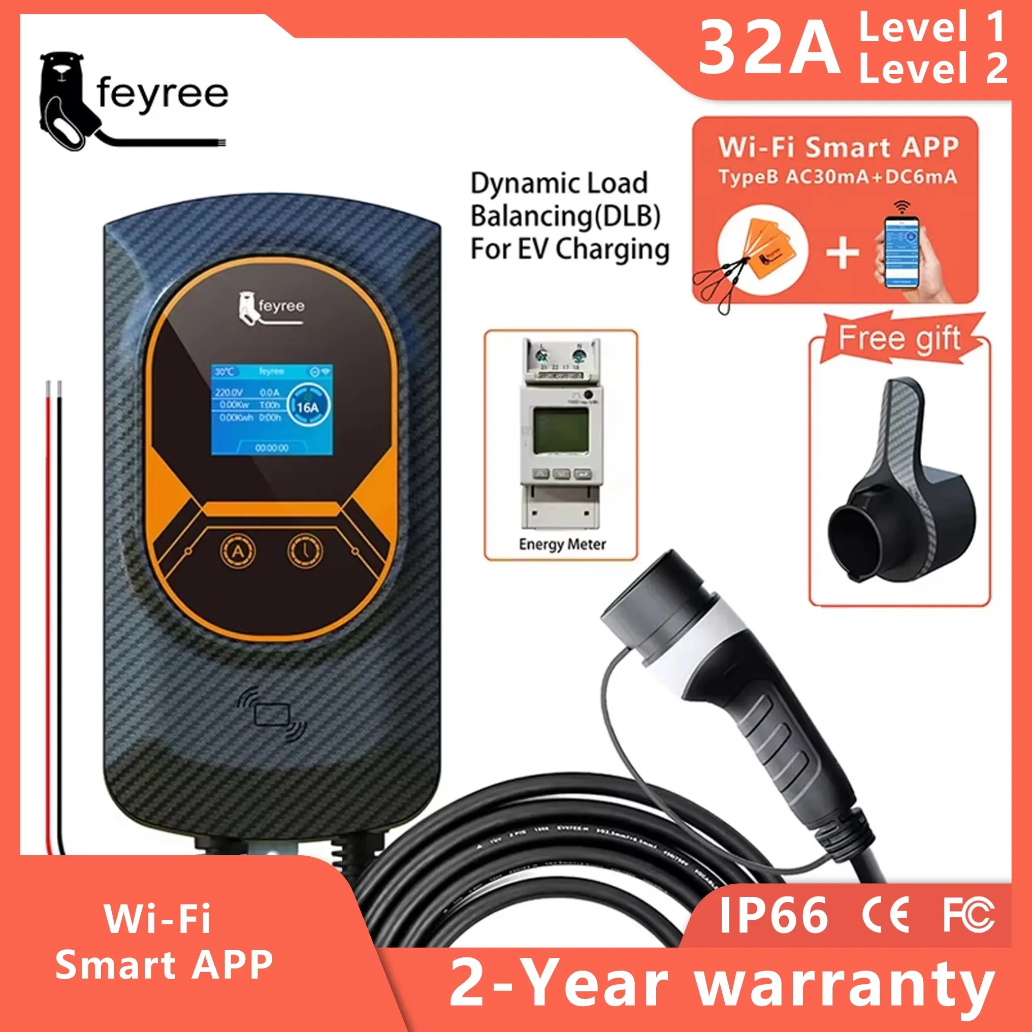 feyree EV Charger Type2 Cable 32A 7.6KW Dynamic Load Blancing EVSE Wallbox APP Function 11KW 22KW Charging Station Electric Car