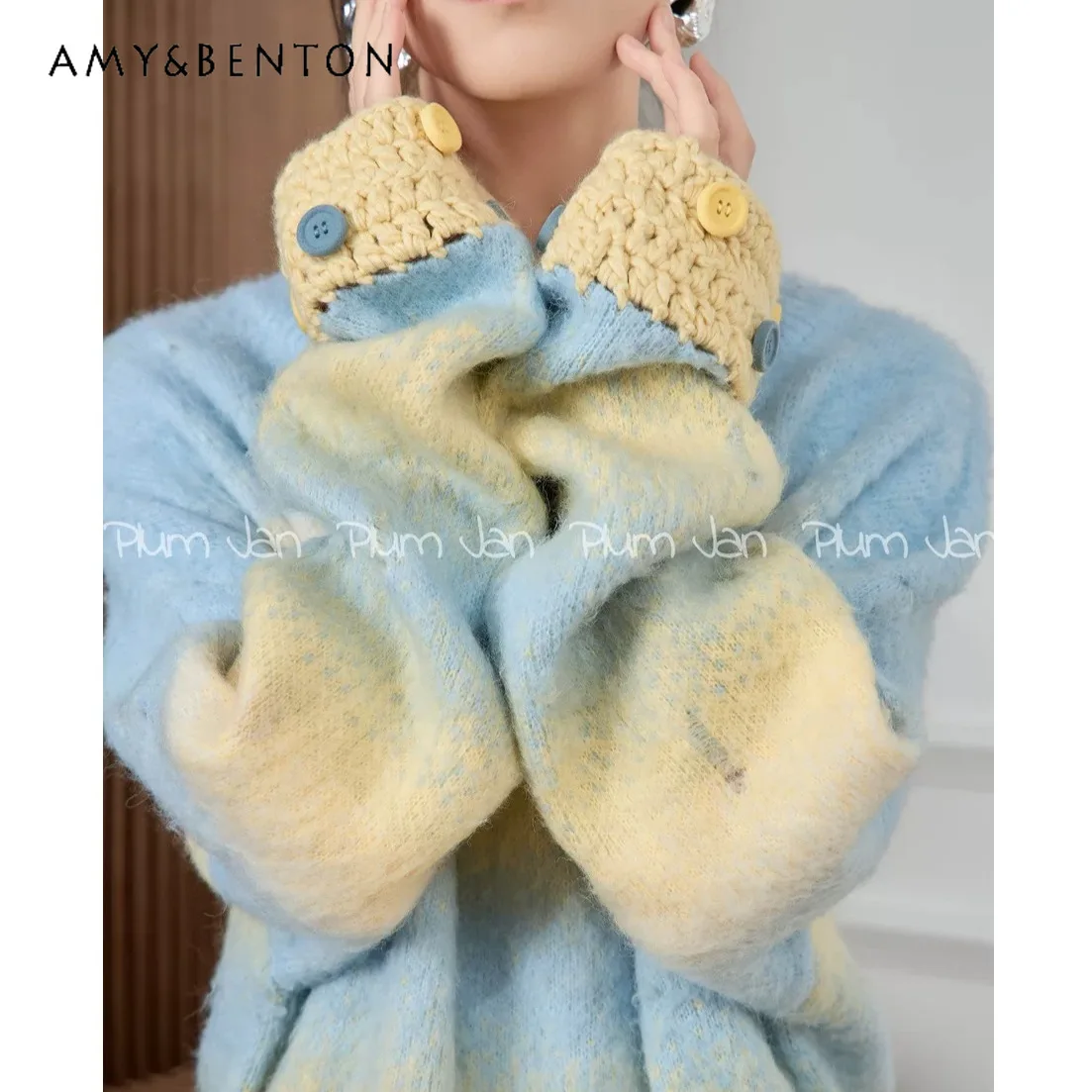 

Gentle Temperament Ladies Sweater Autumn Winter New Korean High-end Fashion Splicing Color Loose Slim Knitted Sweater Women