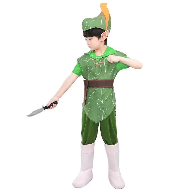 Halloween children green elf costume Party Stage performance Peter Pan green clothing with cap view 4