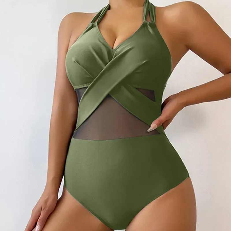 new European and American cross-border swimsuit women's fashion and sexy one-piece swimsuit solid color mesh swimsuit bikini