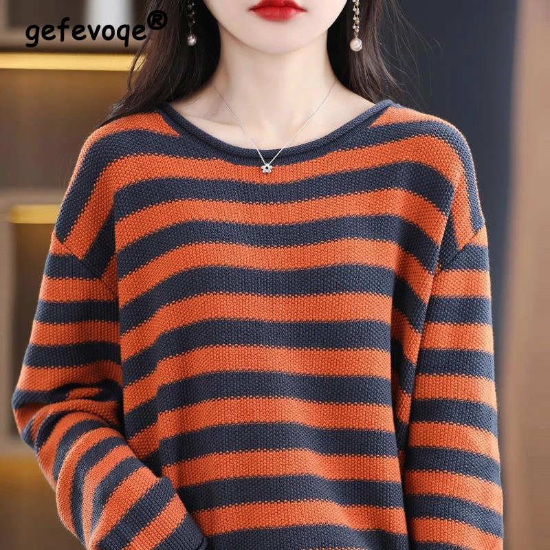 

Women's Clothing Vintage Casual Streetwear Striped Oversized Knitted Sweater Female Round Neck Long Sleeve Pullover Tops Jumpers