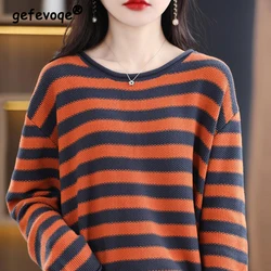 Damen bekleidung Vintage Casual Streetwear gestreifte übergroße Strick pullover weibliche Rundhals ausschnitt Langarm Pullover Tops Pullover