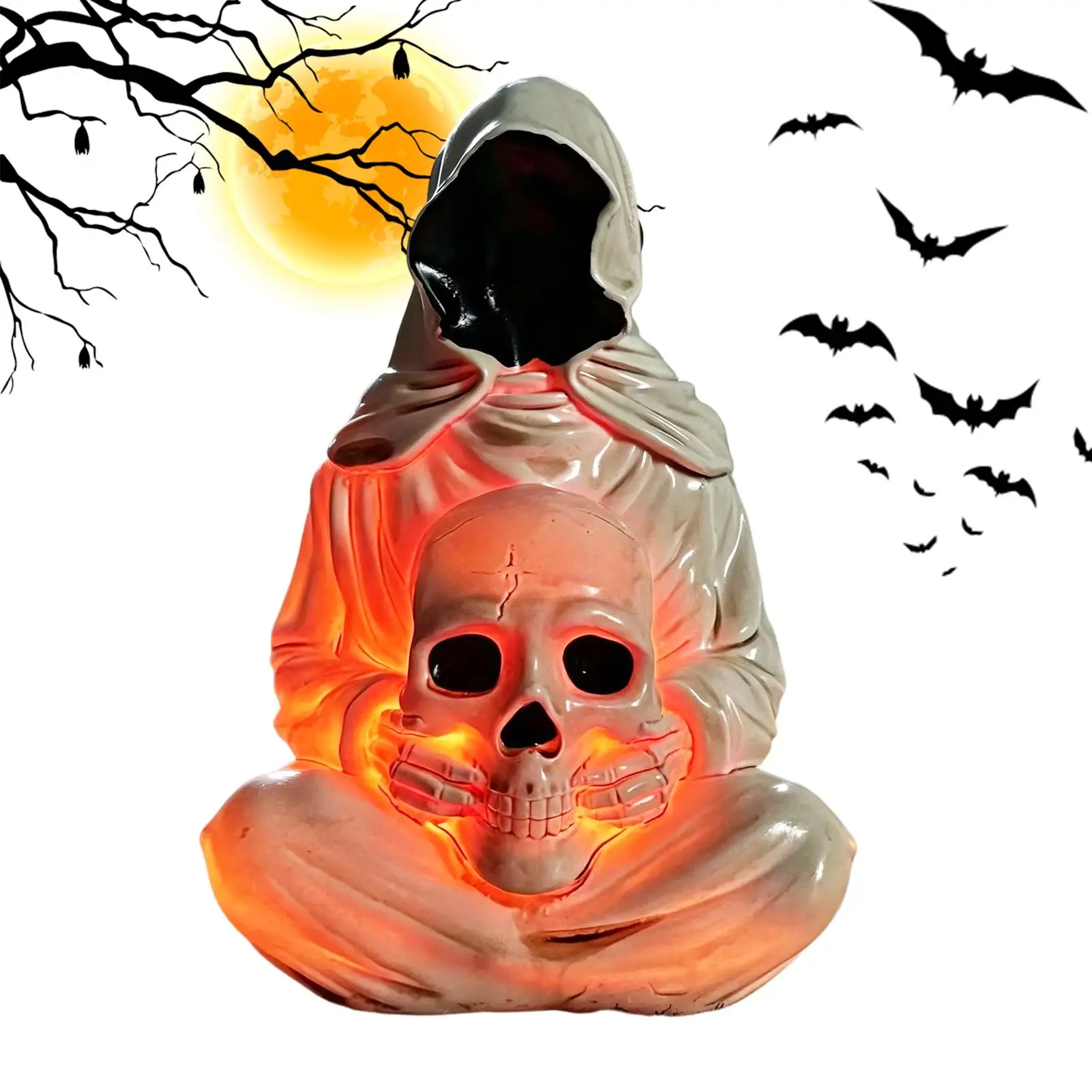 Halloween Figurine Resin Reaper Skull with Light LED Halloween Figurine for Bedroom Study Room Office Desk Bookshelf Entrance