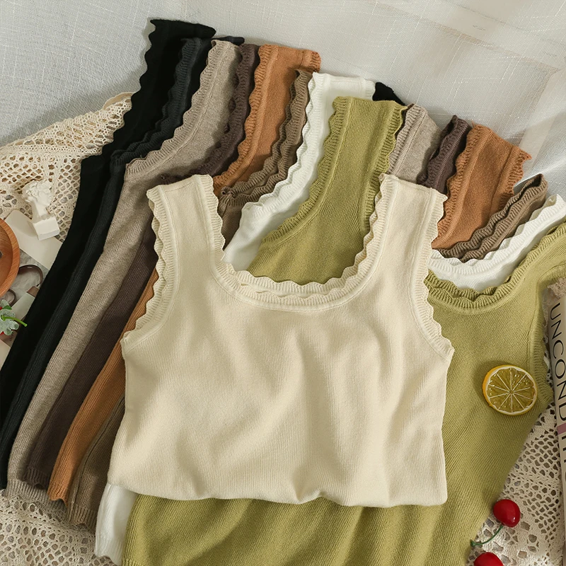 

Rin Confa Summer Knitting Tops For Girls Fungus Short Tank Top Solid Color All-Match T-Shirts Fashion Sleeveless Cotton Vest