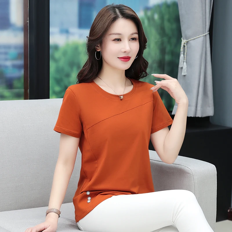 New Women'S Fashionable Comfortable Versatile Round Neck Short Sleeve T-Shirt Summer Mom Loose Casual Folded Irregular Top