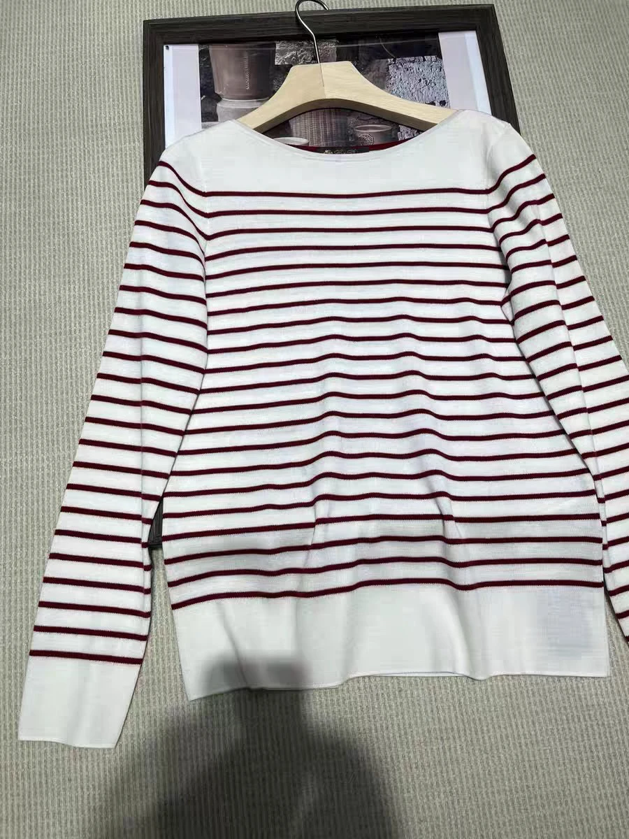 Wool striped o-neck long sleeve knitted top