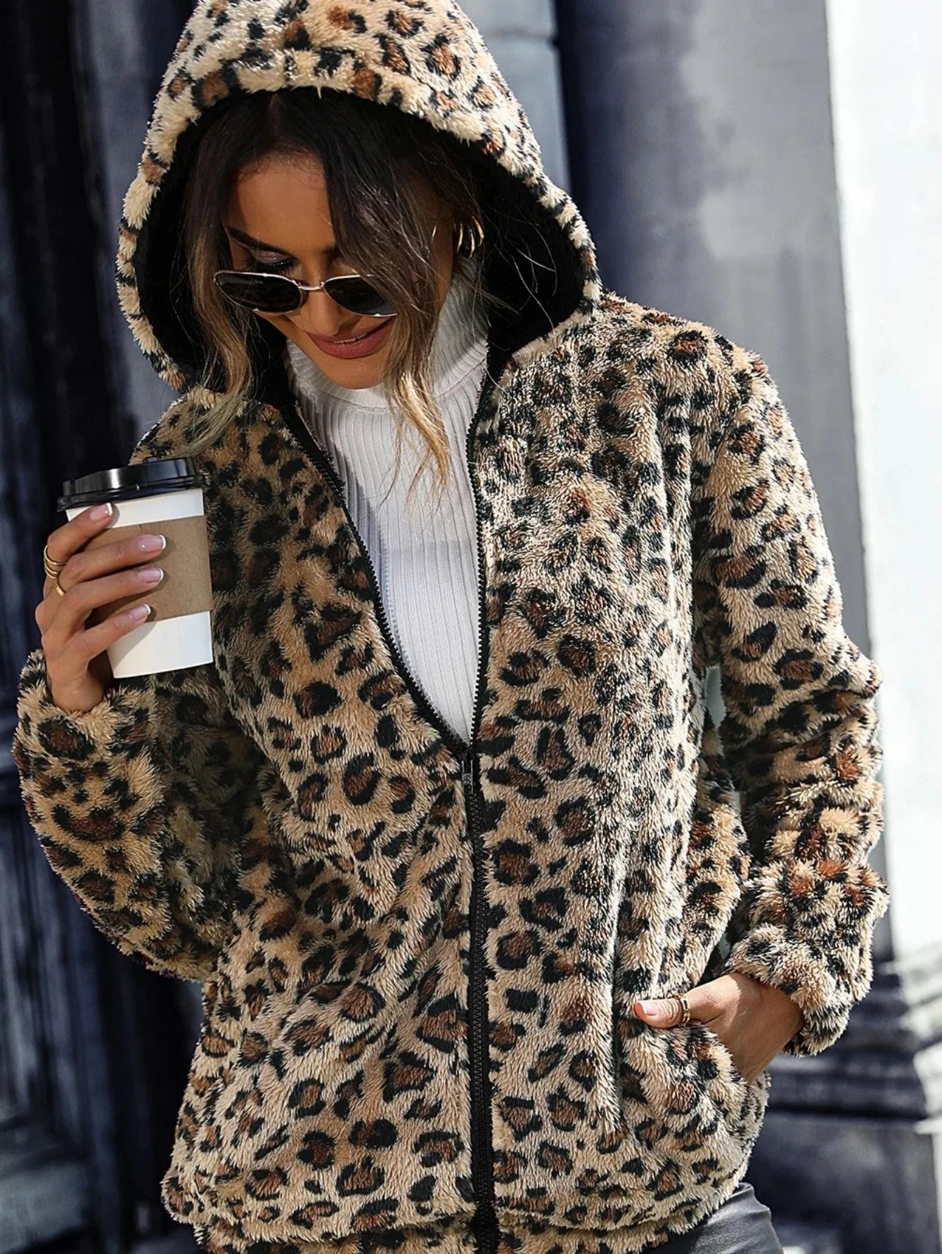 

Autumn Winter Women's Leopard Print Hooded Coat Casual Long Sleeve Jacket
