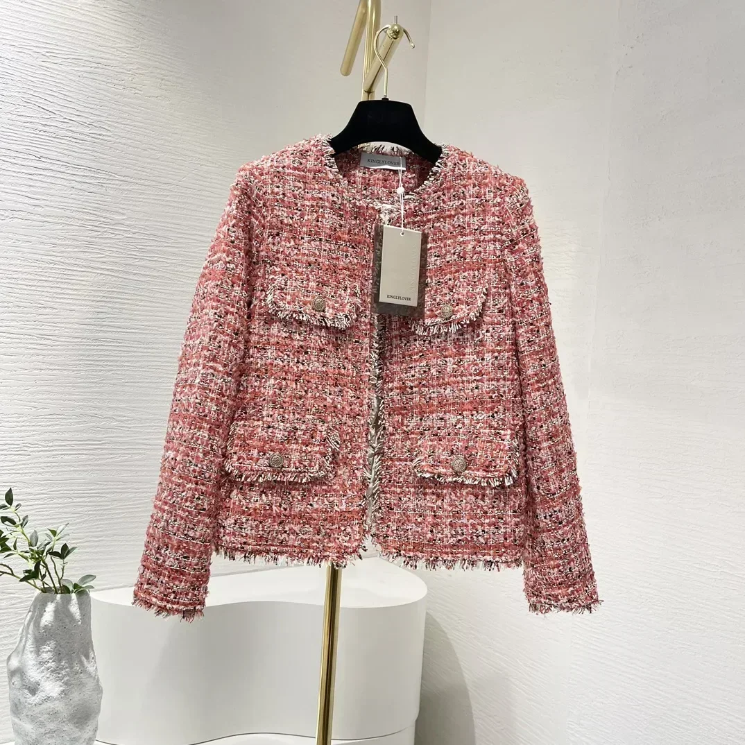 Tweed Down White Duck Down Padded Jacket for  2024 Winter Red Tassels Long Sleeve High Quality New Fashion Ladies