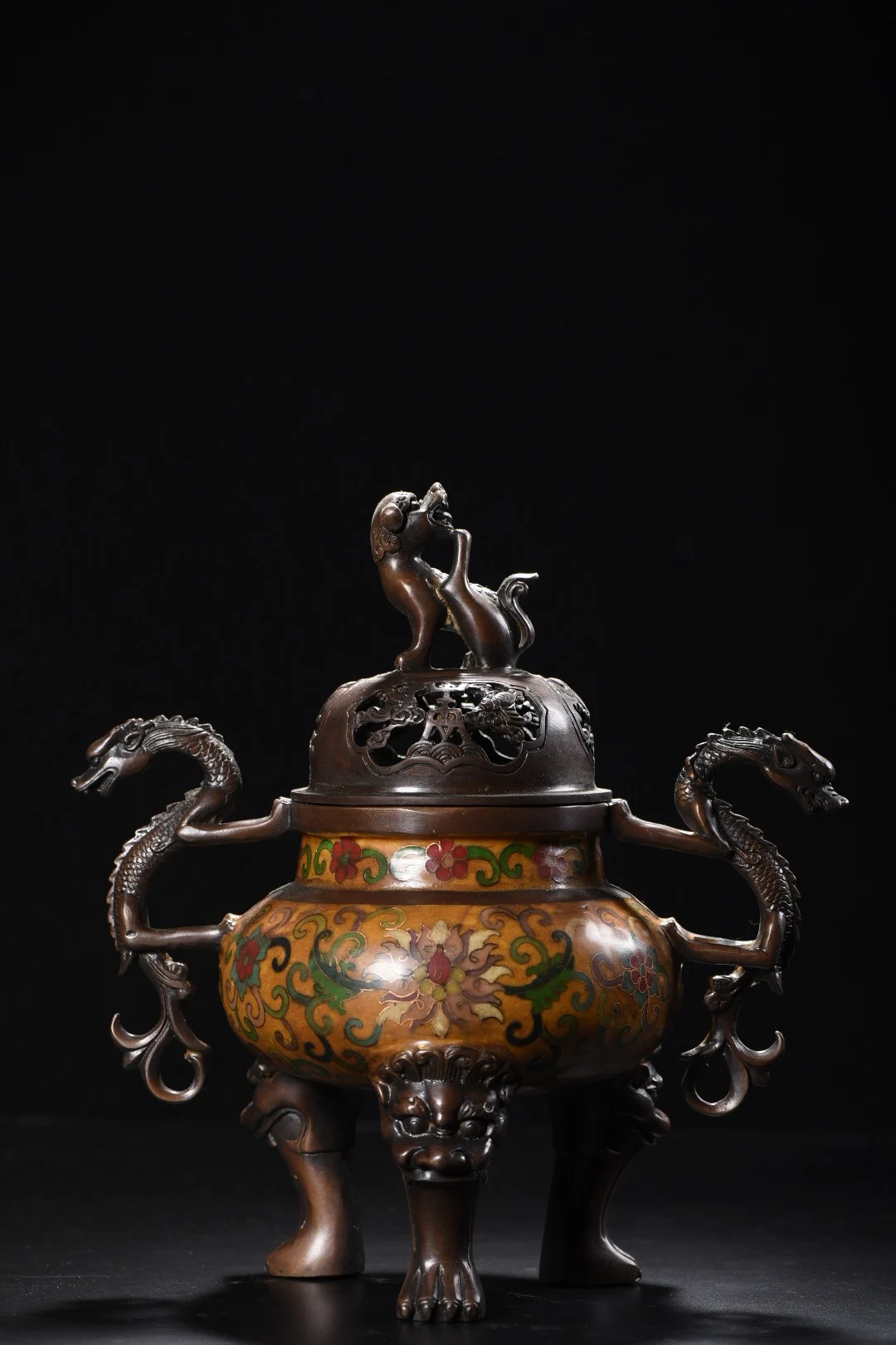 

10"Old Xizang Folk Collection Old Bronze Cloisonne Enamel Flower texture Dragon ear Three legged incense burner Town house