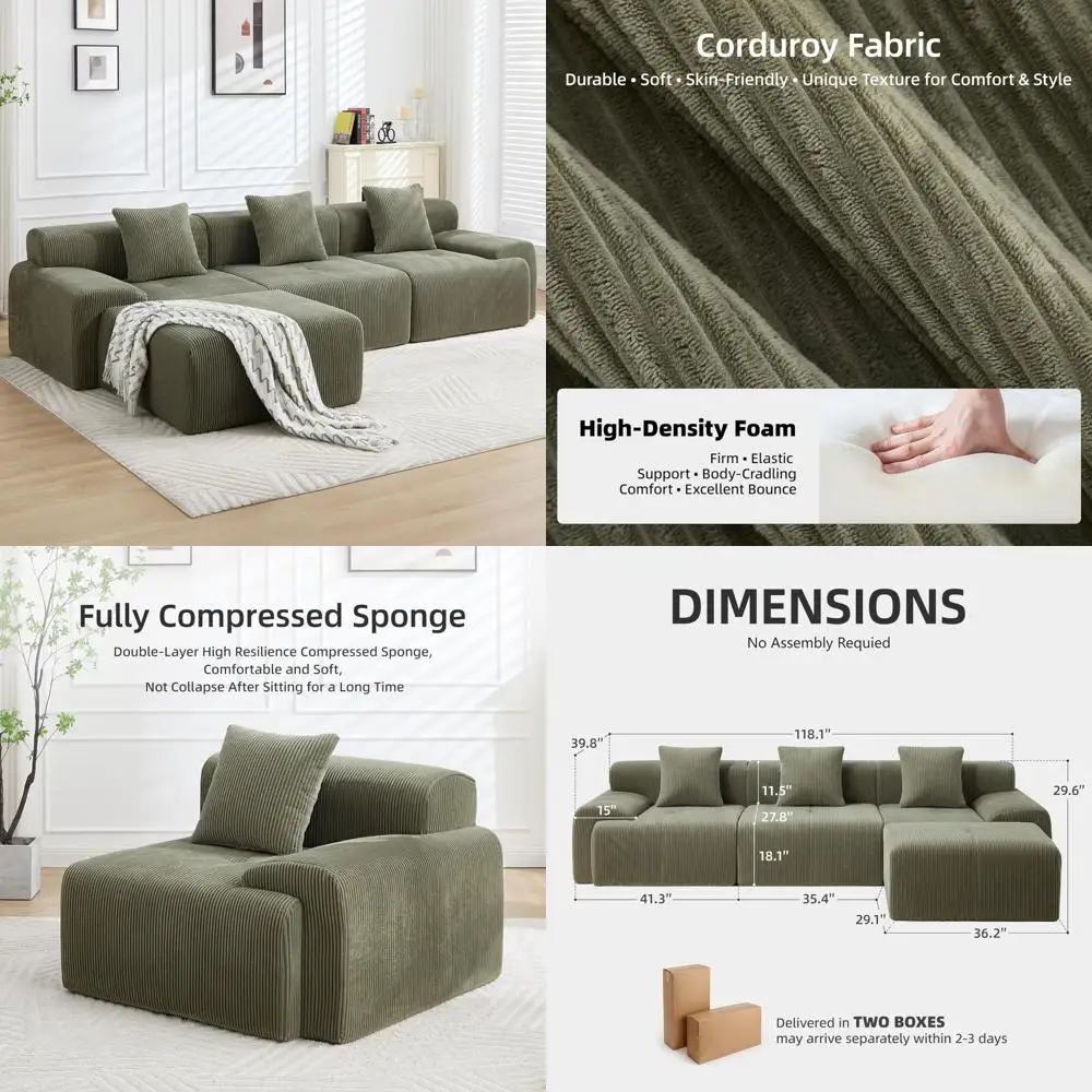 أريكة مقطعية حديثة على شكل حرف L لغرفة المعيشة، أريكة منجدة سروال قصير كبير الحجم مع مقعد عميق، حل مريح للجلوس