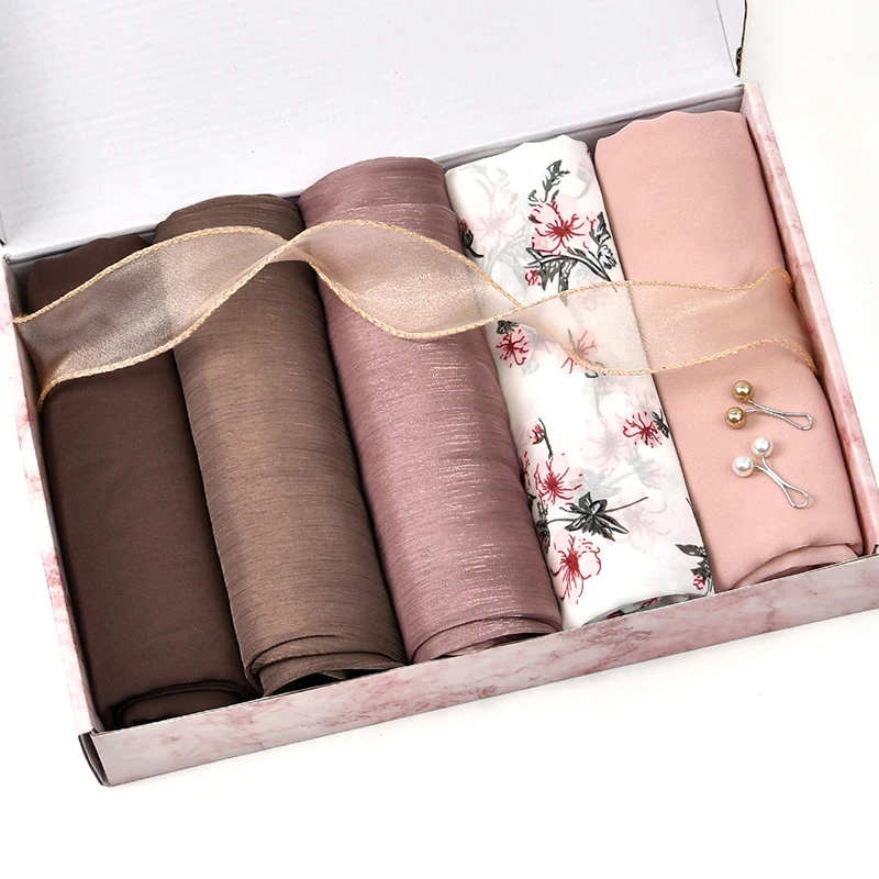 Cadeauset Gedrukt Chiffon Hijab Sjaal Shimmer Pure Kleur Hoofdband Wrap Moslim Hoofddoek Trendy Vrouwelijke Katoenen Tulband Sjaal 5pcs