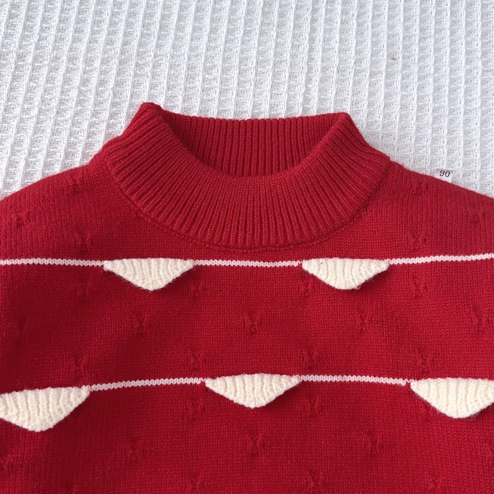 Bear Leader Autumn Winter Striped Color Blocked Knitted Sweater+Pleated Skirt 2-piece Set Red Christmas New Year Girl Clothes