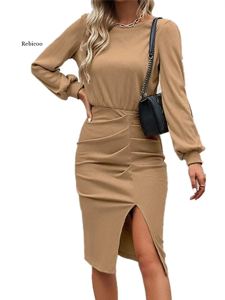 

Elegant Women Bodycon Midi Dress Autumn Winter Fashion Solid Lantern Long Sleeve Slit Slim Dresses 2022 Office Party Lady Dress