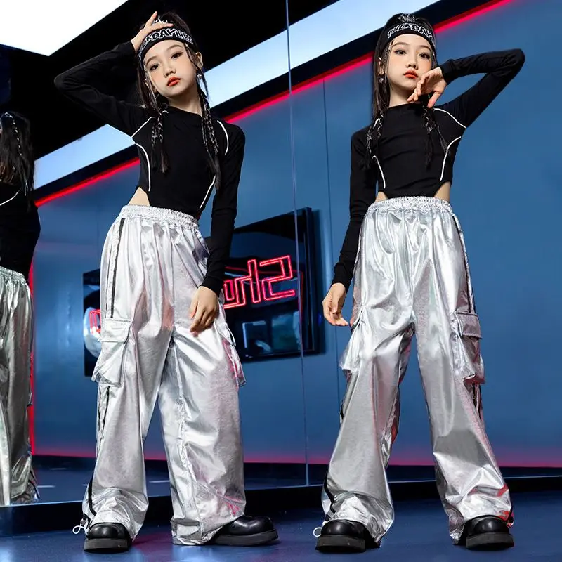Girls Jazz Dance Hip Hop Outfit Child Model Catwalk Stage Dance Show Costume Black Navel Top White Trousers
