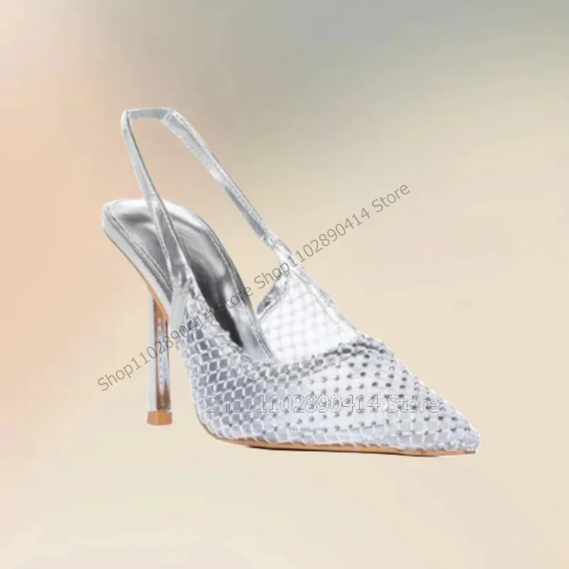 

Silver Mesh Hollow Cut Heel Pointed Toe Pumps Slip On Women Shoes Thin High Heels Novel Fashion Party 2023 Zapatos Para Mujere