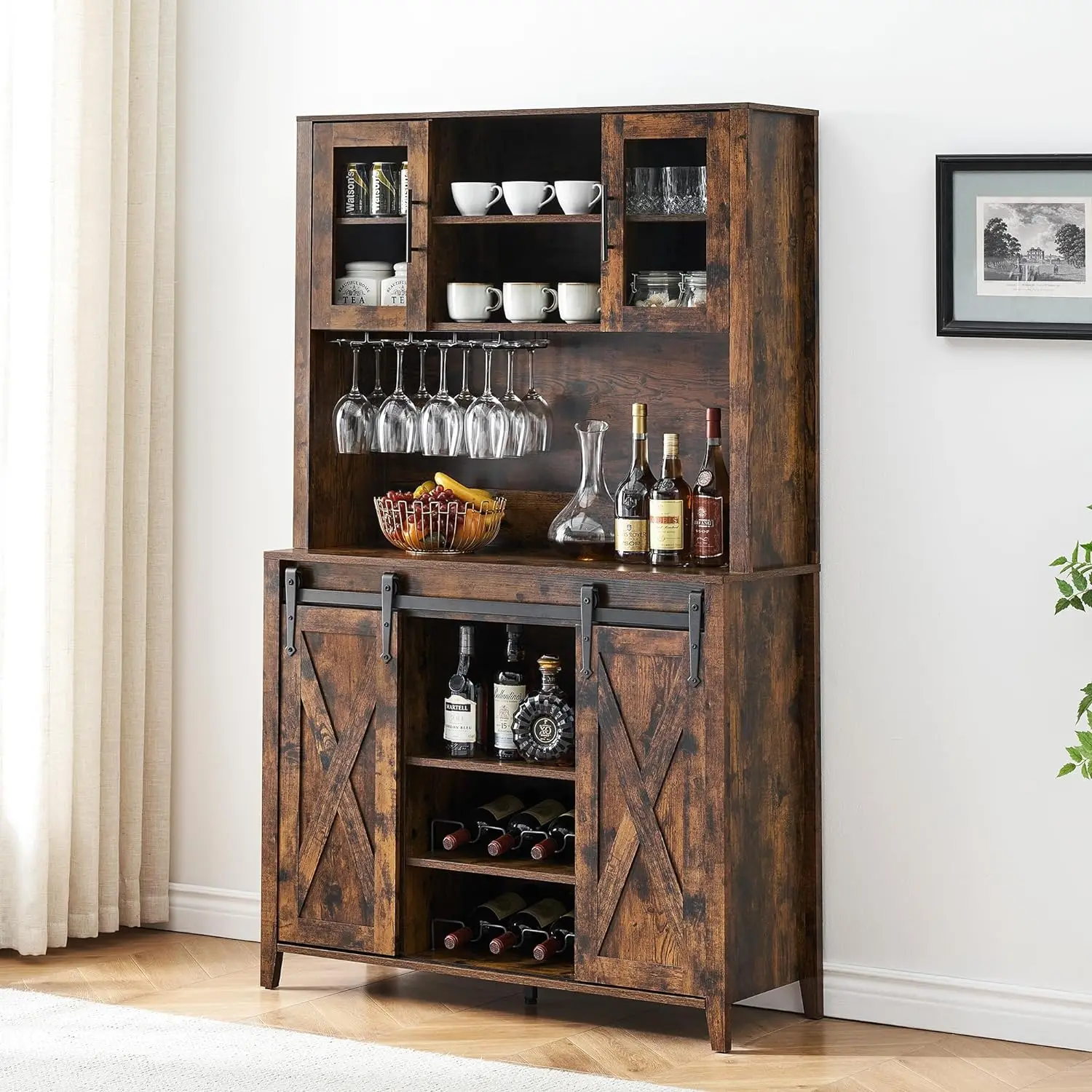 

Bar Cabinet with Sliding Barn Door, 70" Rustic Buffet Liquor Cabinet with Wine and Glasses Rack, Sideboard Cupboard, Brown