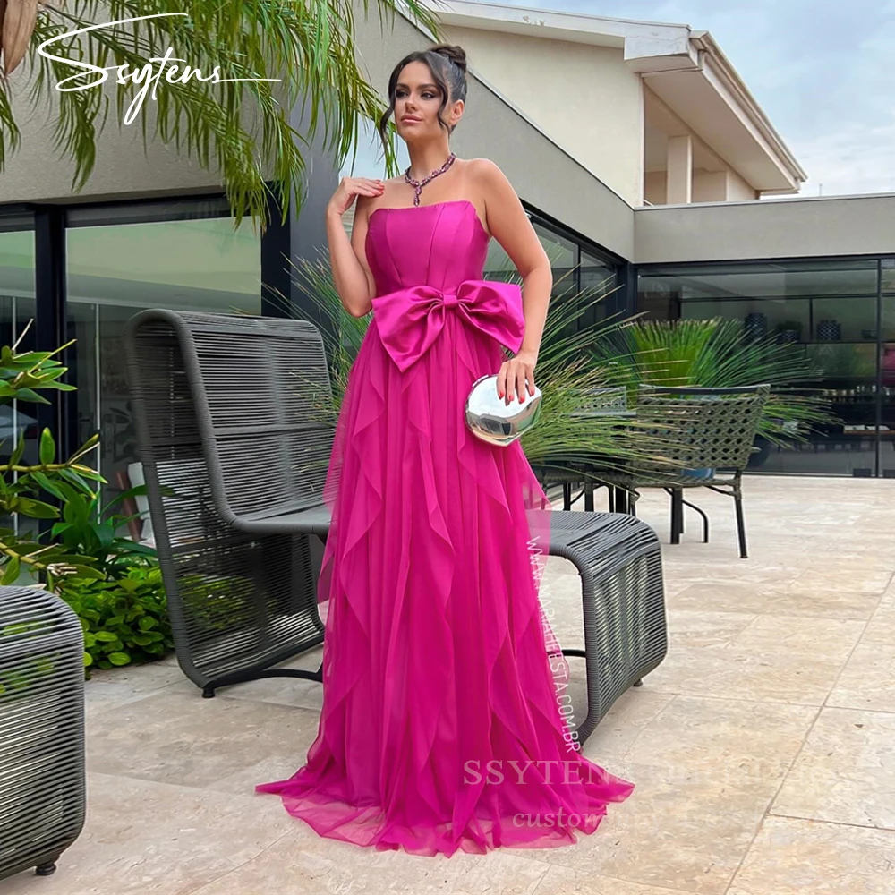 

Luxury Pink Prom Dress Strapless Long Robes De Soirée Saudi Women Bow Elegant Formal Party Evening Gowns Dubai Vestidos De Gala