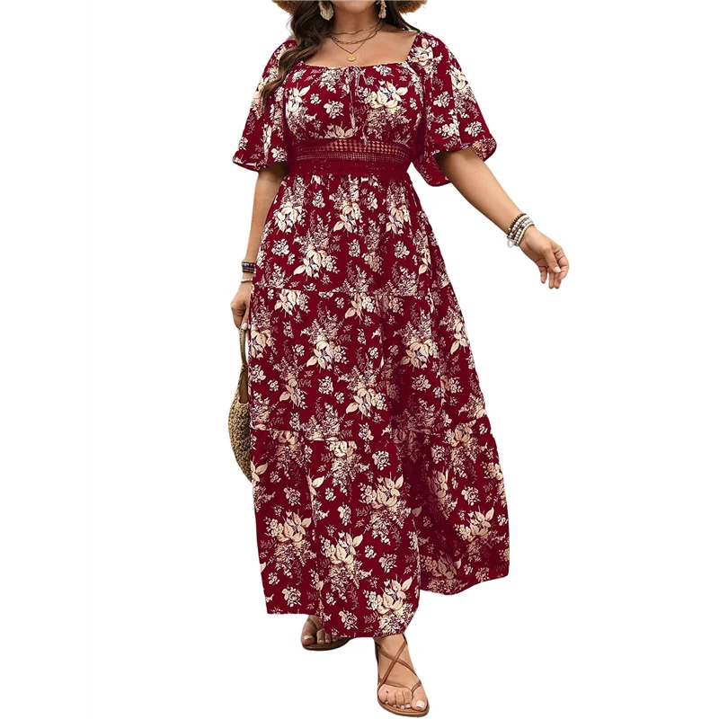 【SEE】여성용 짧은 소매 꽃무늬 드레스 스퀘어 넥 레이스 컷아웃 아일렛 빈티지 Boho Maxi Long 2025