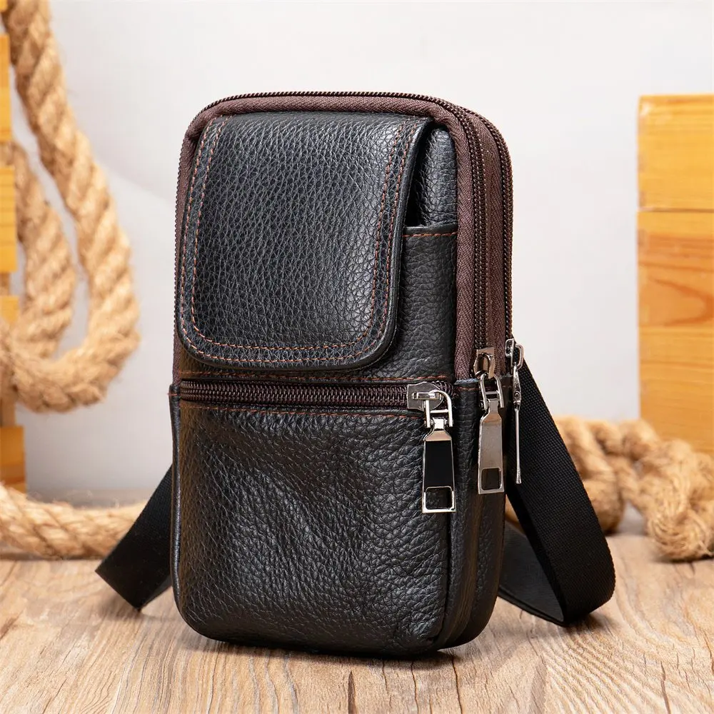 Versatile Casual Crossbody Bag, Retro Genuine Leather Mobile Phone Waist Bag, Men's Outdoor Belt Waist Bag