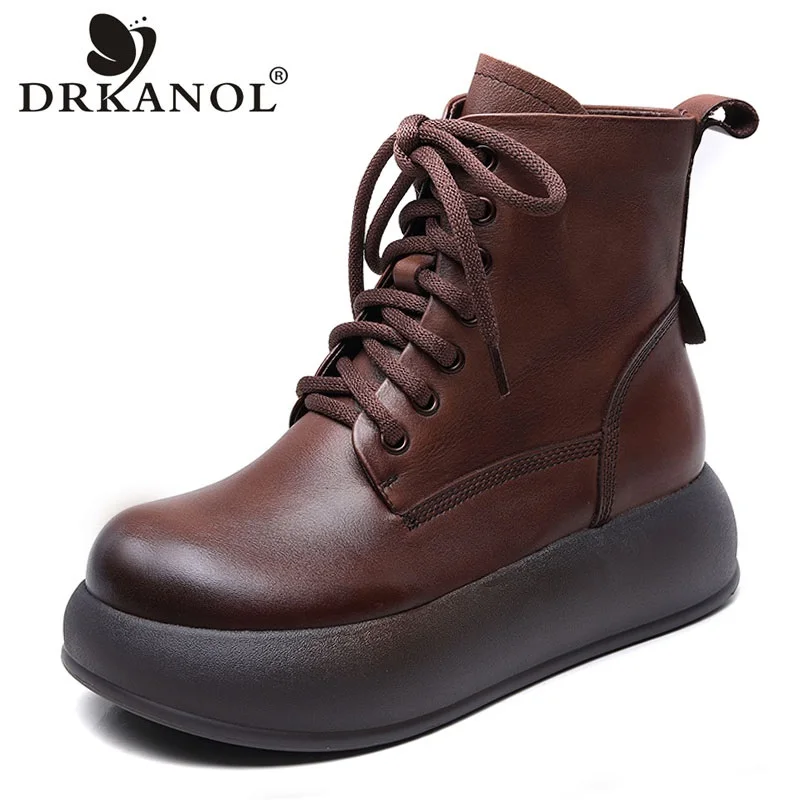 

DRKANOL Retro Handmade Women Platform Boots Autumn Winter Round Toe Thick Bottom Zipper Genuine Leather Wedges Heel Ankle Boots