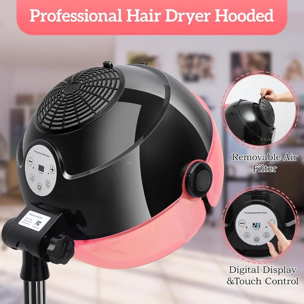 Ionic Hooded Hair Dryer, with Time Setting, Touch Controls and 3 Temperature Settings, Sit Under Hair Dryer for Salon Home Use