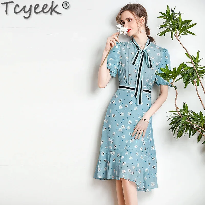 100% Tcyeek Real Mulberry Silk Fashion Summer es 2024 Elegant es for Women Clothes Floral Party Dress Mid-length