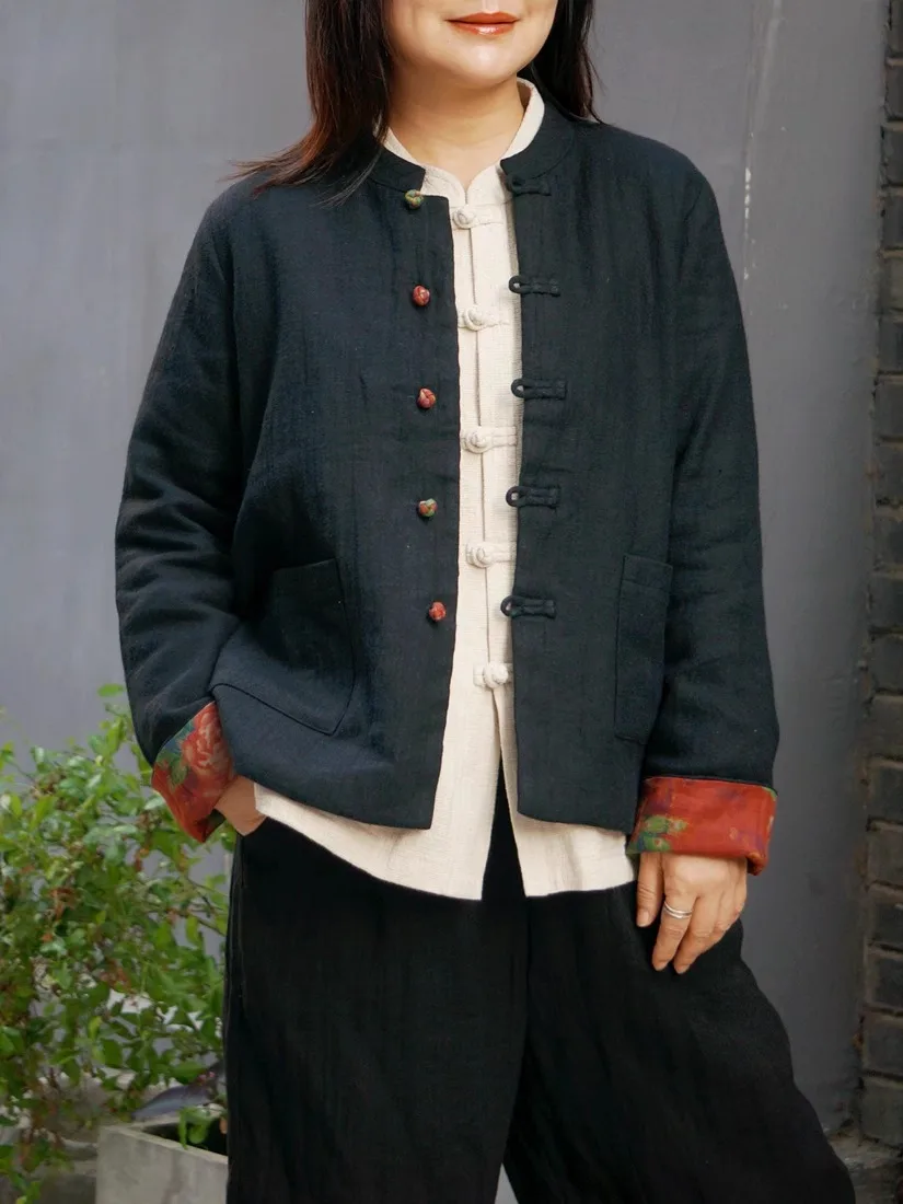 

Bla Wool Linen Red Flower Women's Jaet Traditional Chinese Sle Coat Cotton Lined Autumn Winter Faion by Guizhongyuan