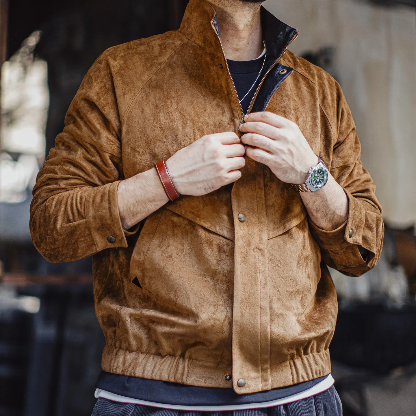 Maden Men's Vintage Suede Stand Collar Short Safari Jacket Windproof Warm Coat for Autumn Winter Streetwear