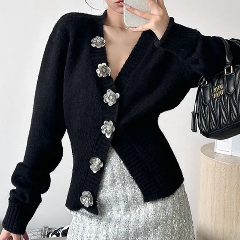 Casual Rose Single breasted Knitted Cardigan Sweater Autumn/Winter Women's Coats New V-neck Long Sleeve Retro Waist Slim Sweater