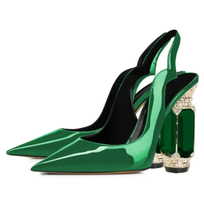 SHOFOO Beautiful women's high heels. Green patent leather single shoes. About 10.5cm heel height. Pointed shoes. Crystal heels.